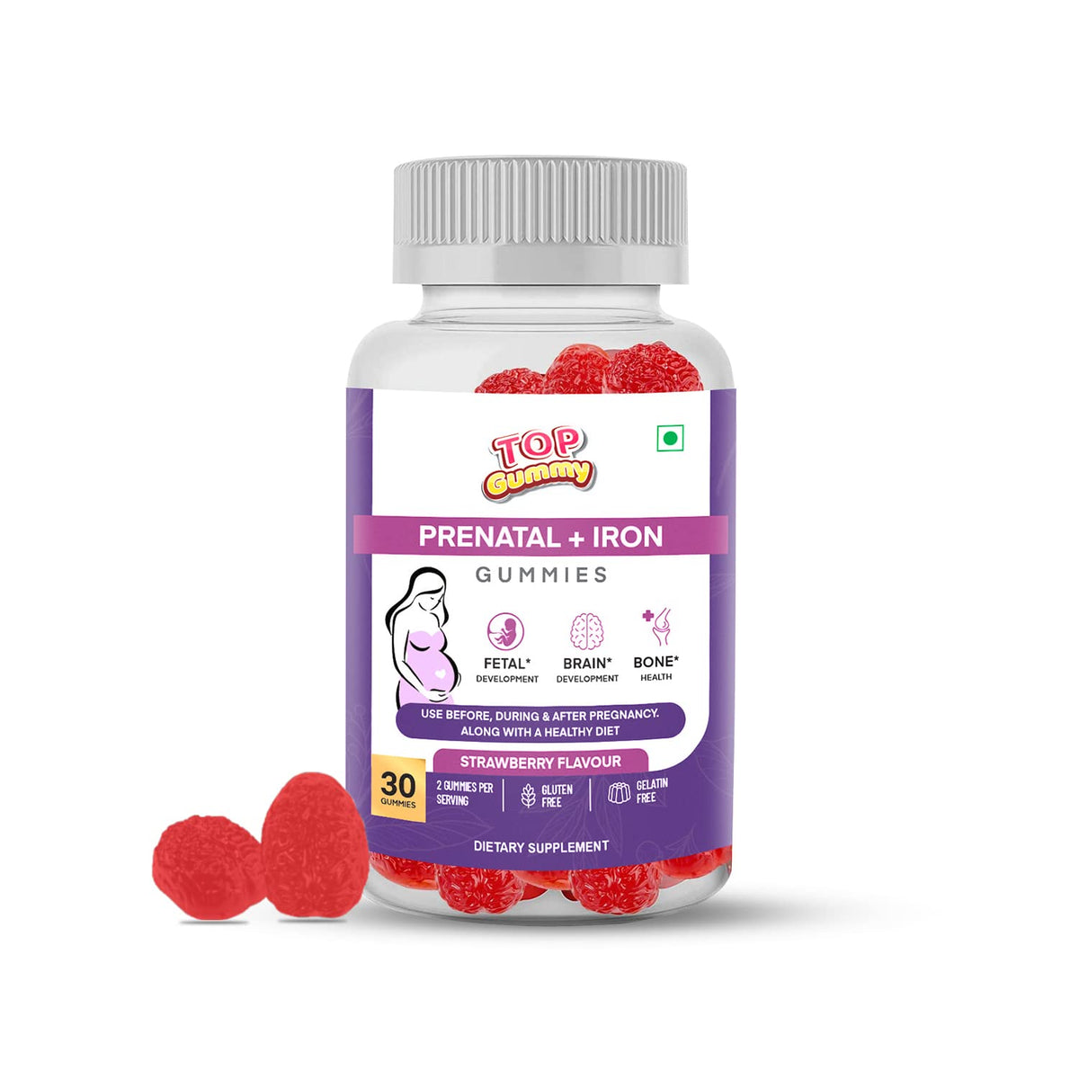 Top Gummy Prenatal + Iron with Vitamin B6, Vitamin B12 & Folic Acid | Use Before, During & After Pregnancy Along with a Healthy Diet - 30 Gummies (Strawberry Flavour) Gluten-Free, Gelatine-Free
