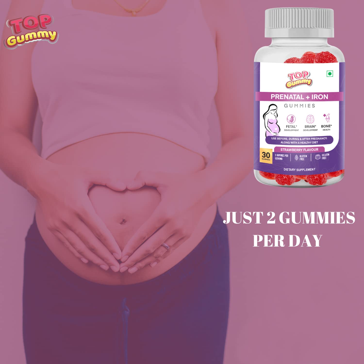 Top Gummy Prenatal + Iron with Vitamin B6, Vitamin B12 & Folic Acid | Use Before, During & After Pregnancy Along with a Healthy Diet - 30 Gummies (Strawberry Flavour) Gluten-Free (Pack of 3)