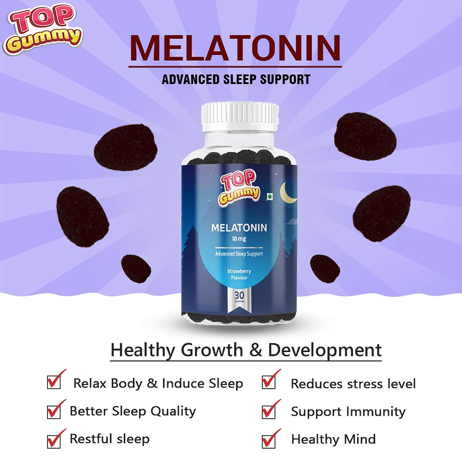 Top Gummy Melatonin 10mg | Advanced Sleep Support, Stay Asleep Longer, Easy to Take, Dissolves in Mouth, Faster Absorption | Gluten, Soy & Dairy Free – 30 Gummies (Strawberry Flavour) (Pack of 3)