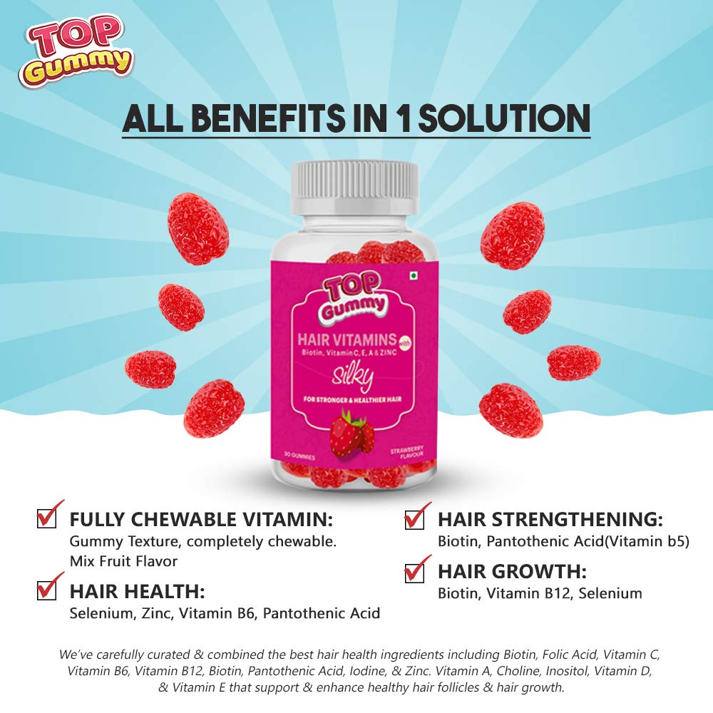 Top Gummy Hair Vitamins with Biotin, Vitamin C, E, A & Zinc | for Stronger and Healthier Hair , Skin & Nails | Antioxidants for Immunity | Gluten, Soy & Dairy Free - 30 Gummies (Strawberry Flavor)