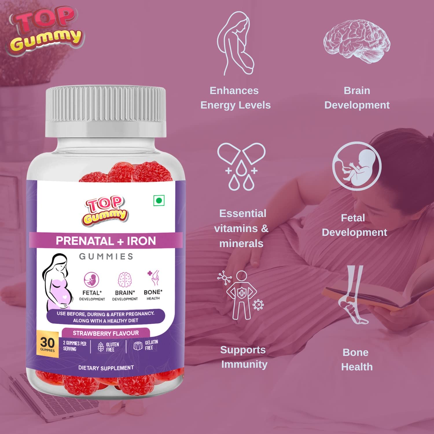 Top Gummy Prenatal Iron - 30 Gummies Strawberry Flavour & Multivitamin Gummies For Adults - 30 Gummies Orange Flavor