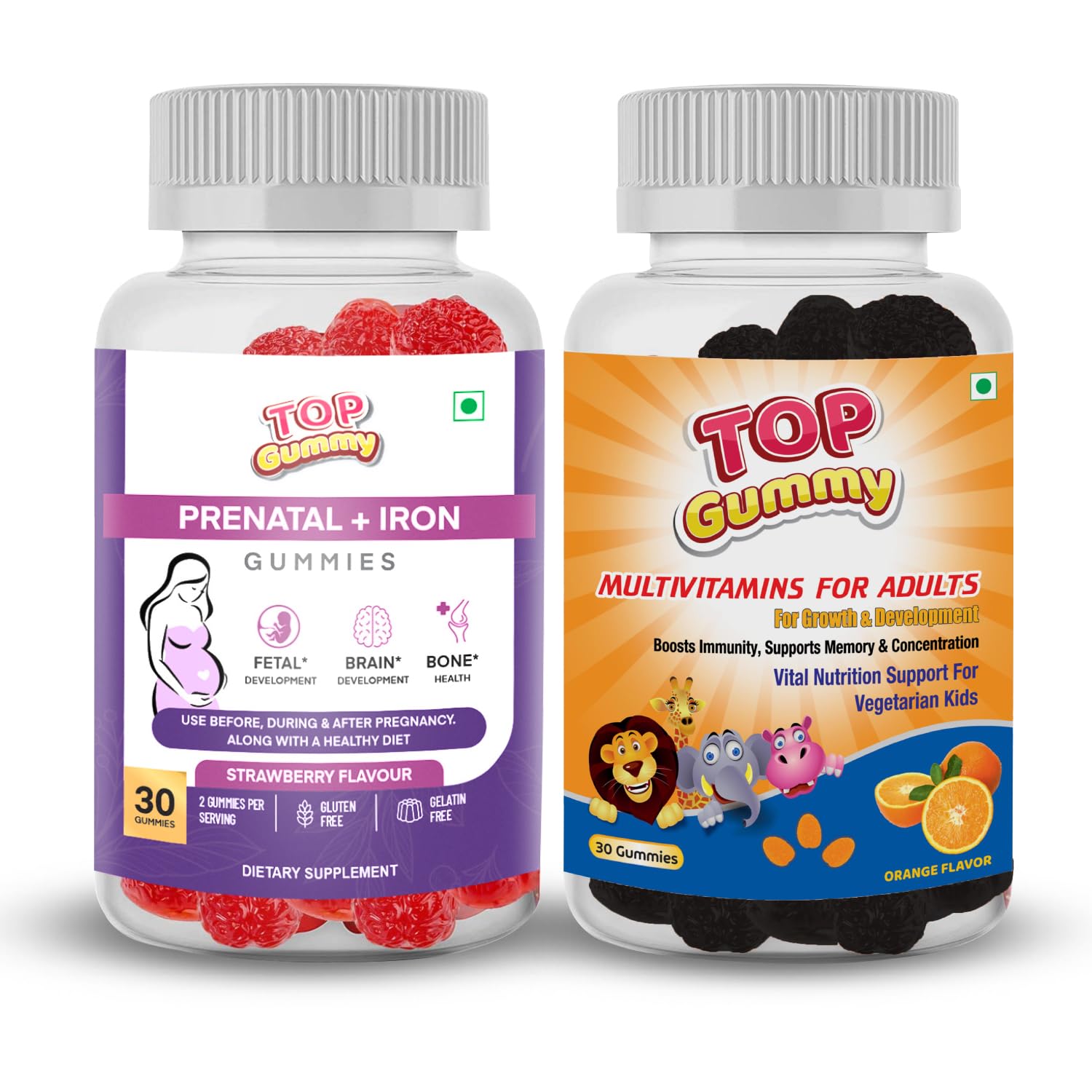 Top Gummy Prenatal Iron - 30 Gummies Strawberry Flavour & Multivitamin Gummies For Adults - 30 Gummies Orange Flavor