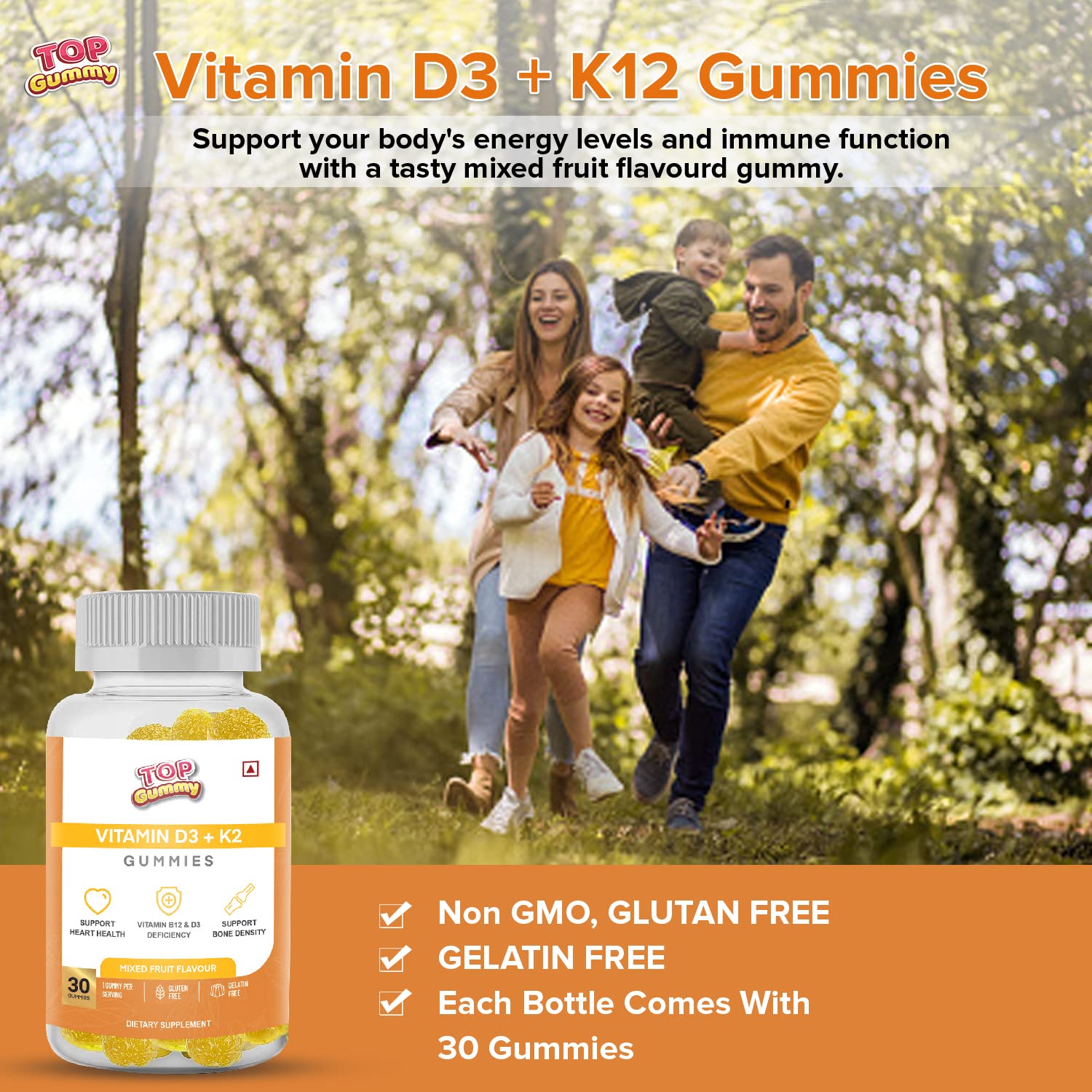 Top Gummy Vitamin D3 + K2 Gummies with Mixed Fruit Flavour| Supports Heart Health |Vitamin D3 & K2 Deficiency| Improves Bone Density - 30 Gummies, Gluten-Free, Gelatine-Free, Non-GMO (Pack of 3)