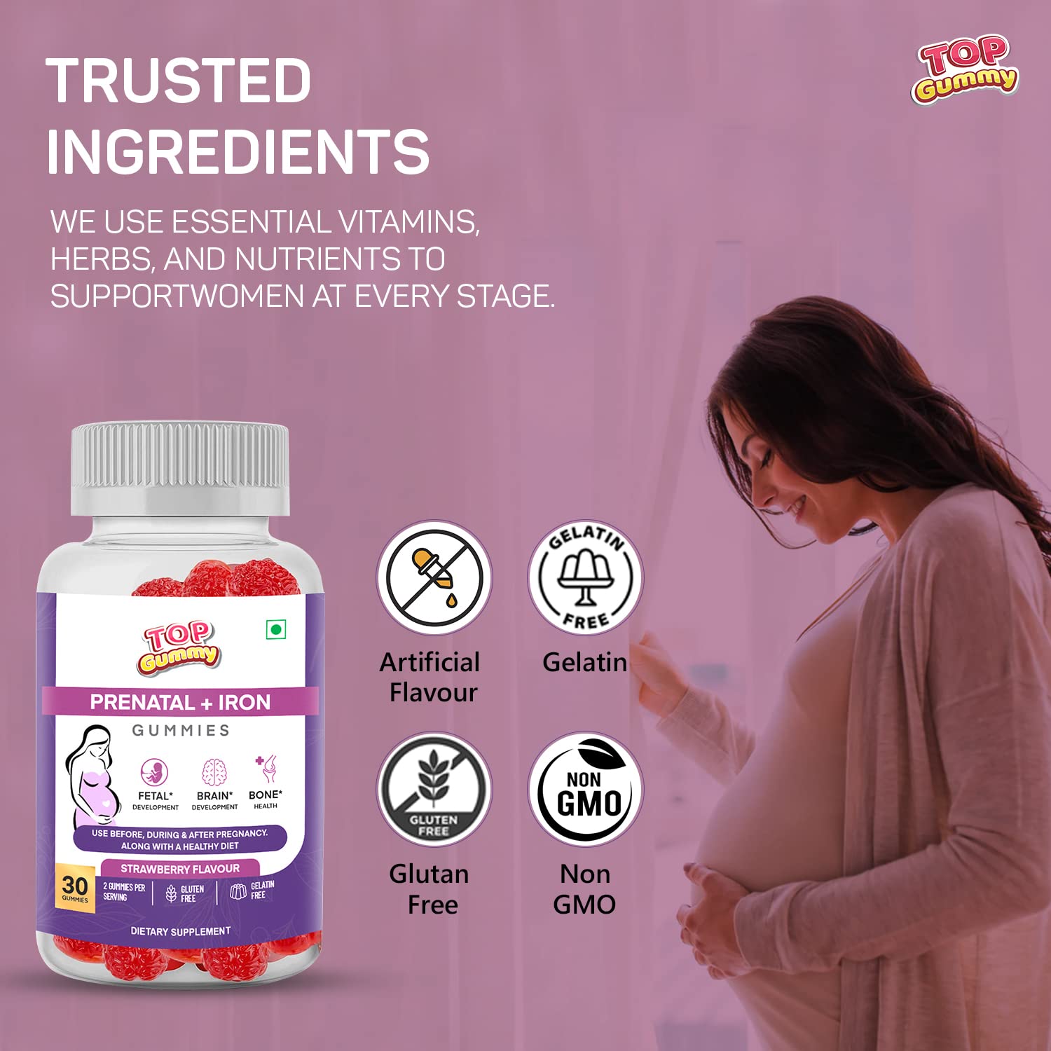 Top Gummy Prenatal + Iron with Vitamin B6, Vitamin B12 & Folic Acid | Use Before, During & After Pregnancy Along with a Healthy Diet - 30 Gummies (Strawberry Flavour) Gluten-Free (Pack of 3)