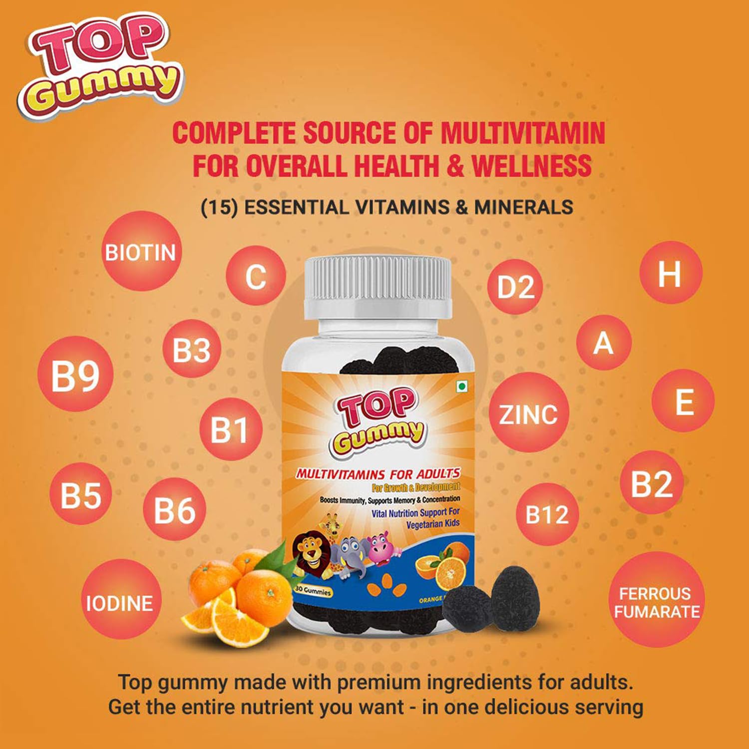 Top Gummy Multivitamin Gummies for Adults with 15 Vitamins & Minerals | Essential Vitamins For Growth, Development & Immunity | Gluten, Soy & Dairy Free - 30 Gummies (Orange Flavor) (Pack of 3)