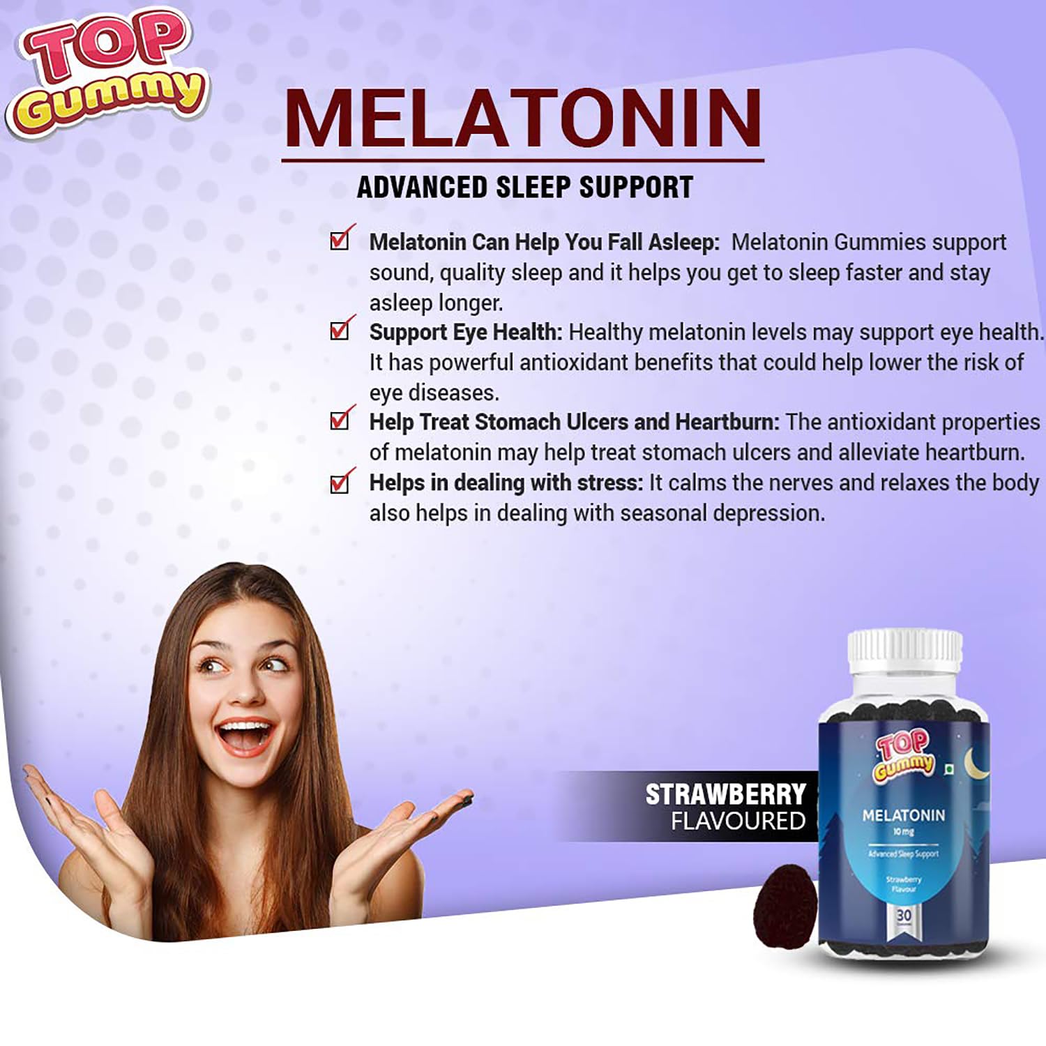 Top Gummy Melatonin 10mg | Advanced Sleep Support, Stay Asleep Longer, Easy to Take, Dissolves in Mouth, Faster Absorption | Gluten, Soy & Dairy Free – 30 Gummies (Strawberry Flavour) (Pack of 3)