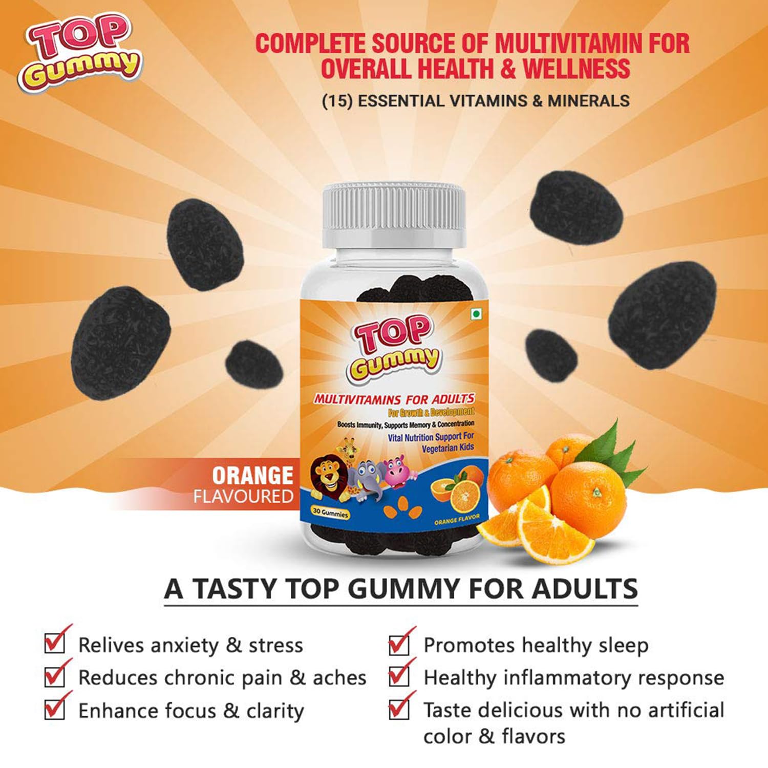 Top Gummy Multivitamin Gummies for Adults with 15 Vitamins & Minerals | Essential Vitamins For Growth, Development & Immunity | Gluten, Soy & Dairy Free - 30 Gummies (Orange Flavor) (Pack of 5)